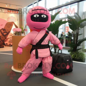 Pink Ninja mascot costume character dressed with a Vest and Handbags