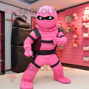 Pink Ninja mascot costume character dressed with a Vest and Handbags