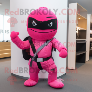 Pink Ninja mascot costume character dressed with a Vest and Handbags