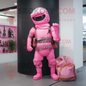 Pink Ninja mascot costume character dressed with a Vest and Handbags