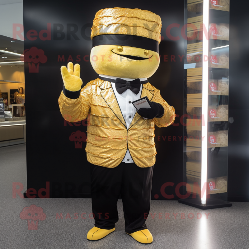 Gold Sushi mascot costume character dressed with a Suit and Berets Gold Sushi mascot costume character dressed with a Suit and Berets