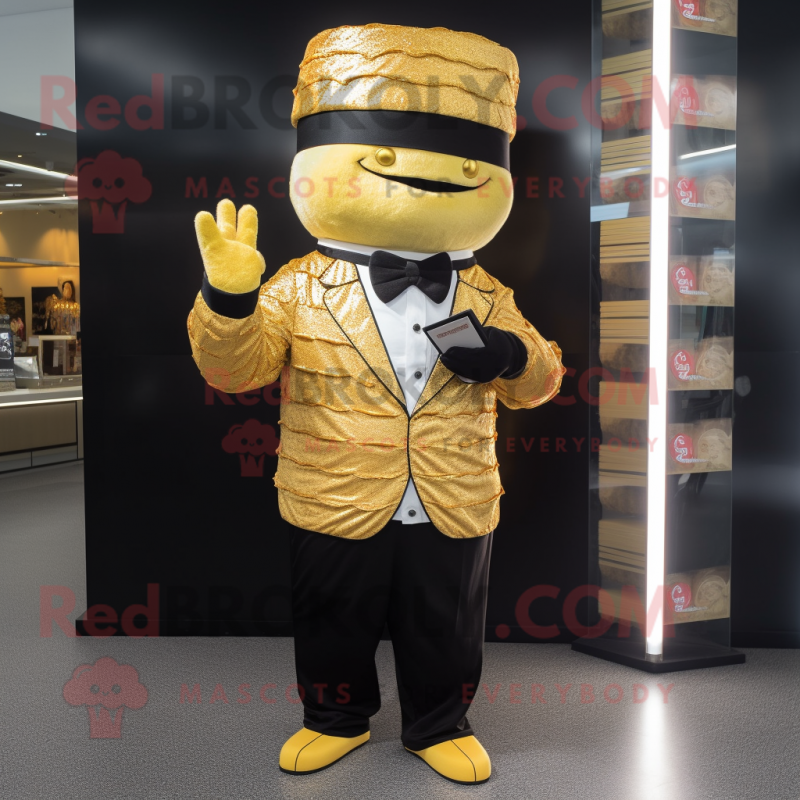 Gold Sushi mascot costume character dressed with a Suit and Berets