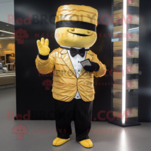 Gold Sushi mascot costume character dressed with a Suit and Berets