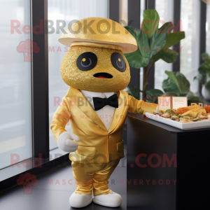 Gold Sushi mascot costume character dressed with a Suit and Berets