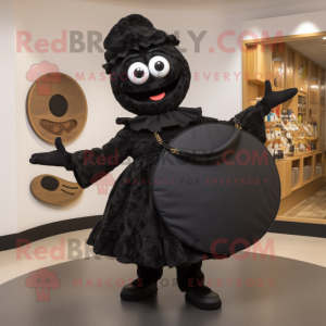 Black Paella mascot costume character dressed with a Circle Skirt and Handbags