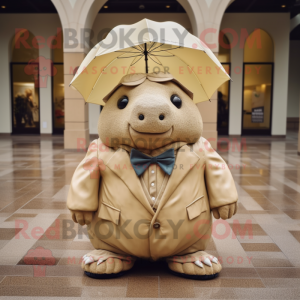 Beige Glyptodon mascot costume character dressed with a Raincoat and Bow ties