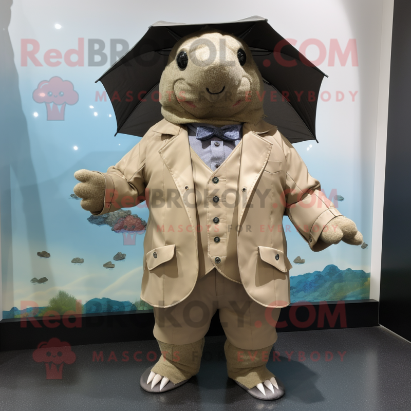 Beige Glyptodon mascot costume character dressed with a Raincoat and Bow ties