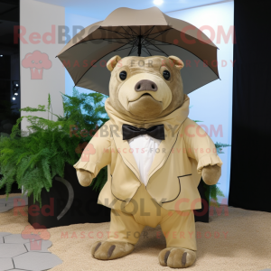 Beige Glyptodon mascot costume character dressed with a Raincoat and Bow ties