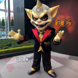 Gold Vampire mascot costume character dressed with a Blazer and Lapel pins