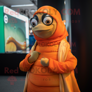 Orange Oyster mascot costume character dressed with a Turtleneck and Wraps