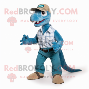 Turquoise Utahraptor mascot costume character dressed with a Oxford Shirt and Foot pads