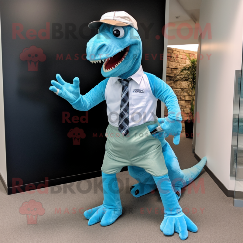 Turquoise Utahraptor mascot costume character dressed with a Oxford Shirt and Foot pads