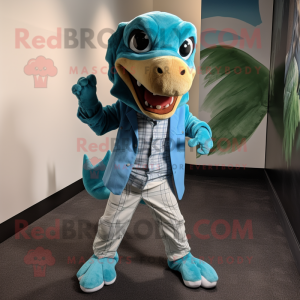 Turquoise Utahraptor mascot costume character dressed with a Oxford Shirt and Foot pads