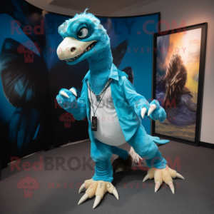 Turquoise Utahraptor mascot costume character dressed with a Oxford Shirt and Foot pads