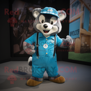 Cyan Badger mascot costume character dressed with a Overalls and Lapel pins