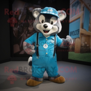 Cyan Badger mascot costume character dressed with a Overalls and Lapel pins