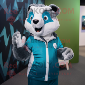 Cyan Badger mascot costume character dressed with a Overalls and Lapel pins