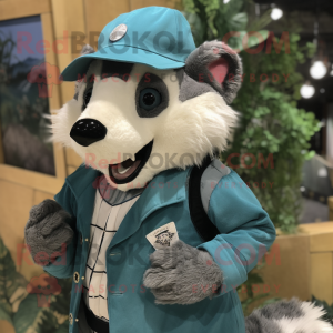 Cyan Badger mascot costume character dressed with a Overalls and Lapel pins