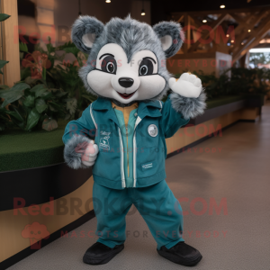 Cyan Badger mascot costume character dressed with a Overalls and Lapel pins
