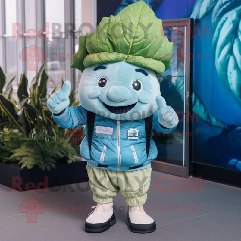 Sky Blue Cabbage Leaf mascot costume character dressed with a Bomber Jacket and Beanies Sky Blue Cabbage Leaf mascot costume character dressed with a Bomber Jacket and Beanies