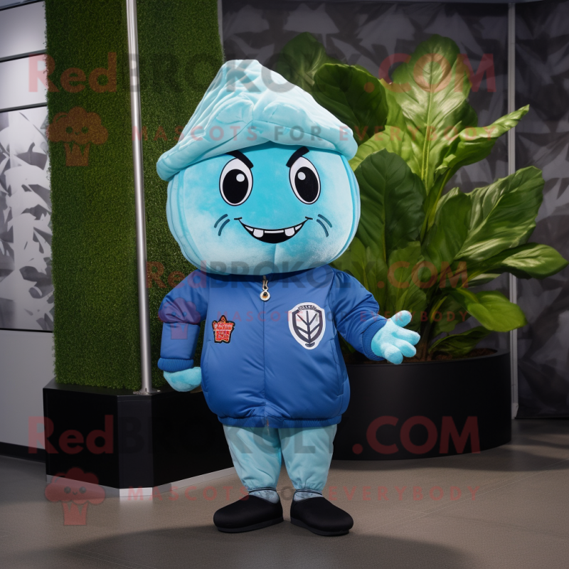 Sky Blue Cabbage Leaf mascot costume character dressed with a Bomber Jacket and Beanies Sky Blue Cabbage Leaf mascot costume character dressed with a Bomber Jacket and Beanies