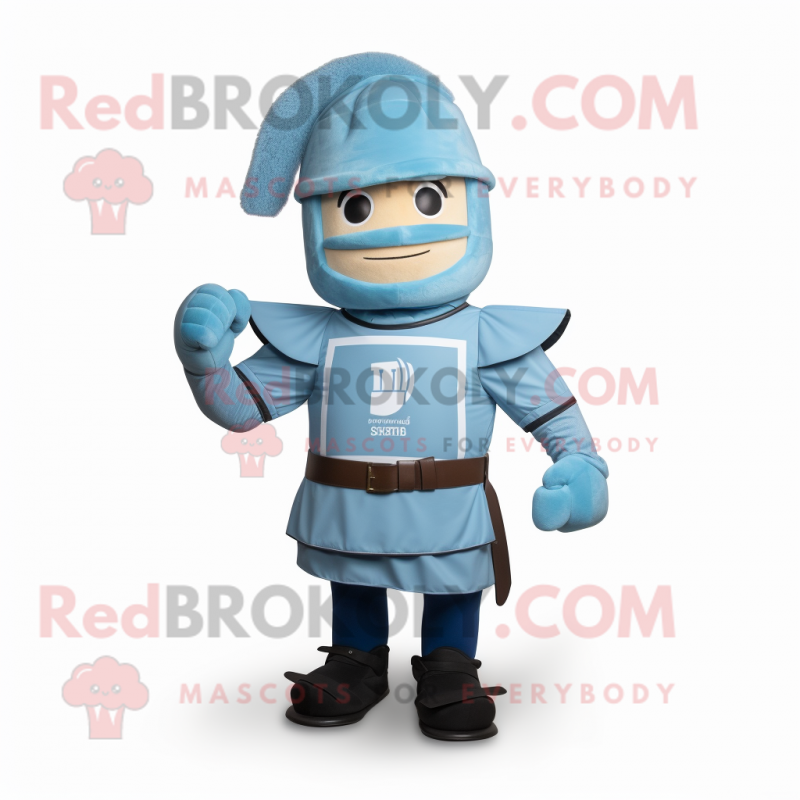 Sky Blue Roman Soldier mascot costume character dressed with a Henley Shirt and Bow ties