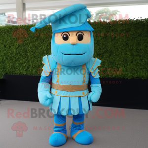 Sky Blue Roman Soldier mascot costume character dressed with a Henley Shirt and Bow ties