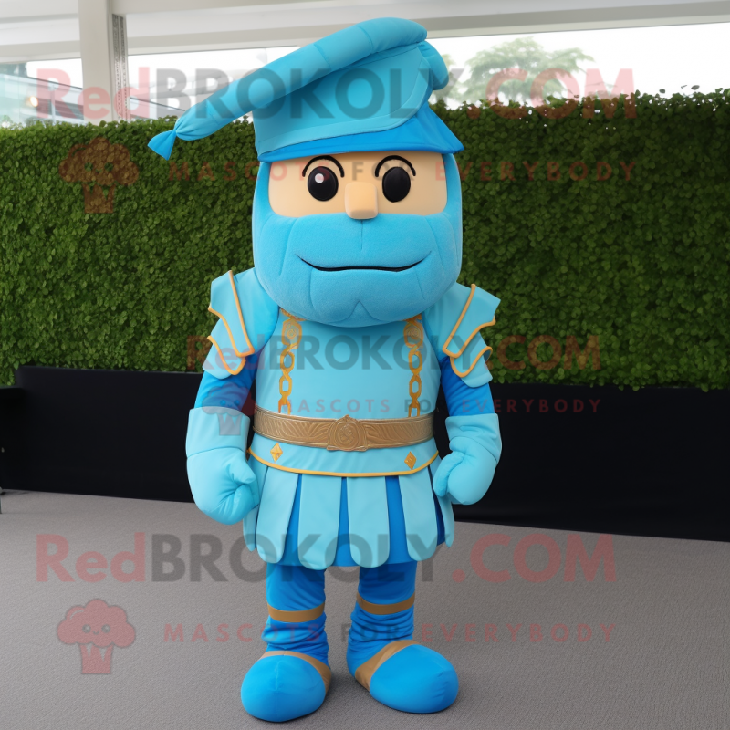 Sky Blue Roman Soldier mascot costume character dressed with a Henley Shirt and Bow ties