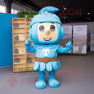 Sky Blue Roman Soldier mascot costume character dressed with a Henley Shirt and Bow ties