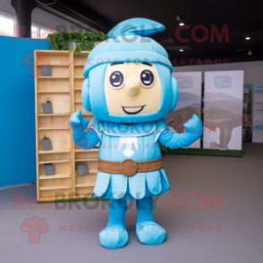 Sky Blue Roman Soldier mascot costume character dressed with a Henley Shirt and Bow ties