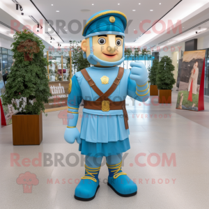 Sky Blue Roman Soldier mascot costume character dressed with a Henley Shirt and Bow ties