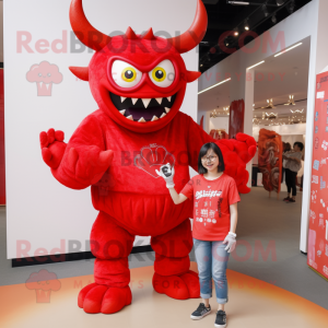 Red Demon mascot costume character dressed with a Mom Jeans and Brooches