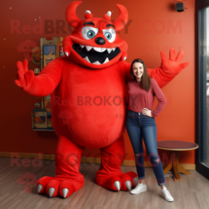 Red Demon mascot costume character dressed with a Mom Jeans and Brooches