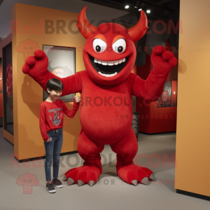 Red Demon mascot costume character dressed with a Mom Jeans and Brooches