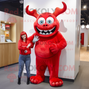 Red Demon mascot costume character dressed with a Mom Jeans and Brooches
