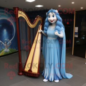 Sky Blue Celtic Harp mascot costume character dressed with a Maxi Dress and Earrings