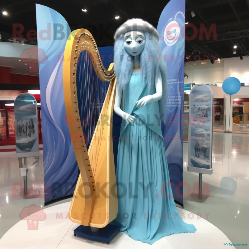 Sky Blue Celtic Harp mascot costume character dressed with a Maxi Dress and Earrings Sky Blue Celtic Harp mascot costume character dressed with a Maxi Dress and Earrings