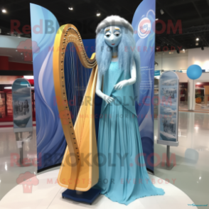 Sky Blue Celtic Harp mascot costume character dressed with a Maxi Dress and Earrings