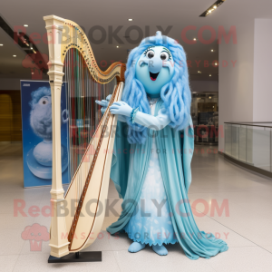 Sky Blue Celtic Harp mascot costume character dressed with a Maxi Dress and Earrings