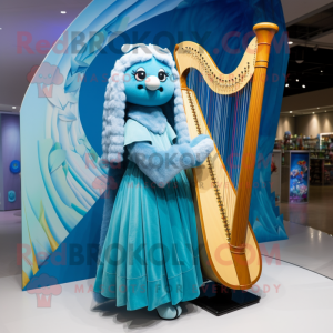 Sky Blue Celtic Harp mascot costume character dressed with a Maxi Dress and Earrings