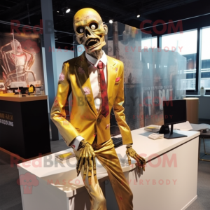 Gold Zombie mascot costume character dressed with a Pencil Skirt and Tie pins