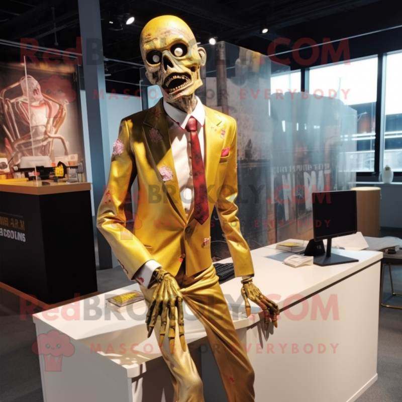 Gold Zombie mascot costume character dressed with a Pencil Skirt and Tie pins Gold Zombie mascot costume character dressed with a Pencil Skirt and Tie pins