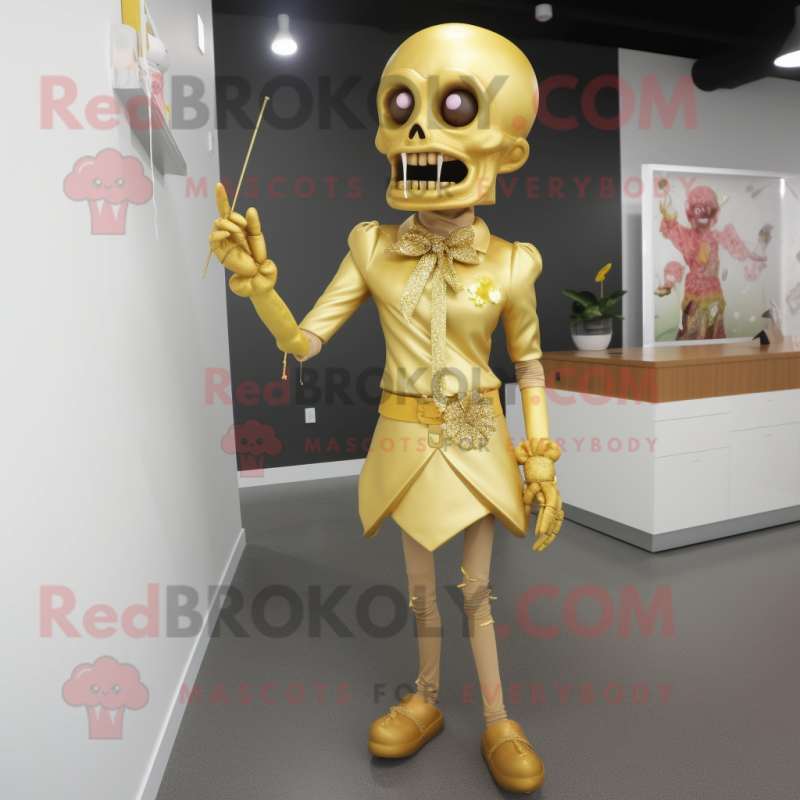 Gold Zombie mascot costume character dressed with a Pencil Skirt and Tie pins