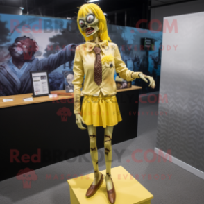 Gold Zombie mascot costume character dressed with a Pencil Skirt and Tie pins