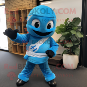 Sky Blue Ninja mascot costume character dressed with a Waistcoat and Bow ties