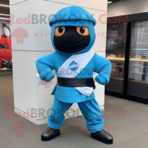 Sky Blue Ninja mascot costume character dressed with a Waistcoat and Bow ties