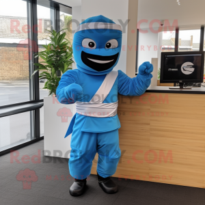 Sky Blue Ninja mascot costume character dressed with a Waistcoat and Bow ties