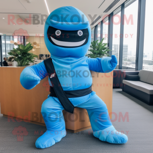 Sky Blue Ninja mascot costume character dressed with a Waistcoat and Bow ties