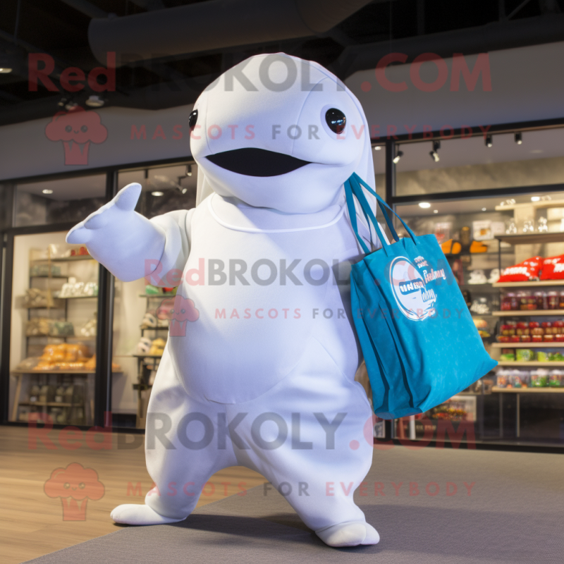 Silver Beluga Whale mascot costume character dressed with a Bikini and Tote bags