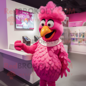 Pink Roosters mascot costume character dressed with a Pencil Skirt and Mittens